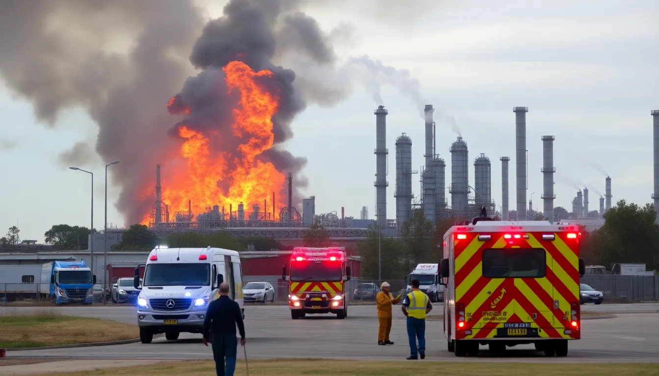 Aerial view of the oil refinery engulfed in flames, highlighting the severity of the incident