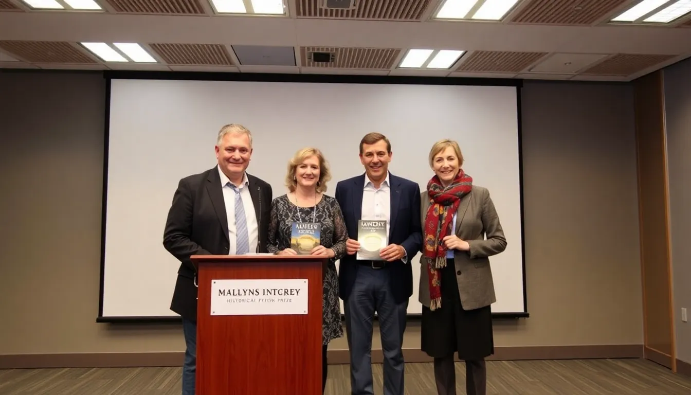 Five authors stand together at a podium during a press event announcing their nominations for a prestigious historical fiction prize.