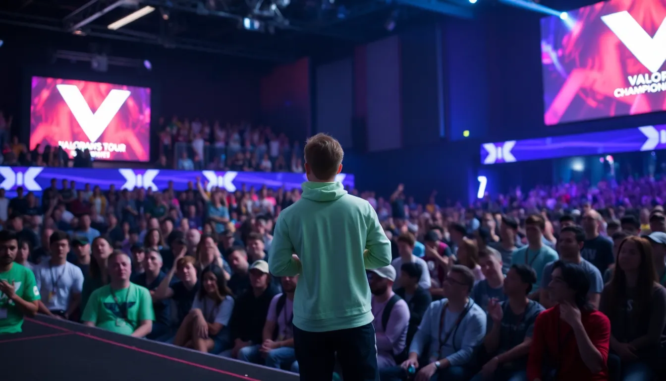 Florescent stands confidently on stage, ready to compete in the Valorant Champions Tour as fans express mixed reactions in the background.