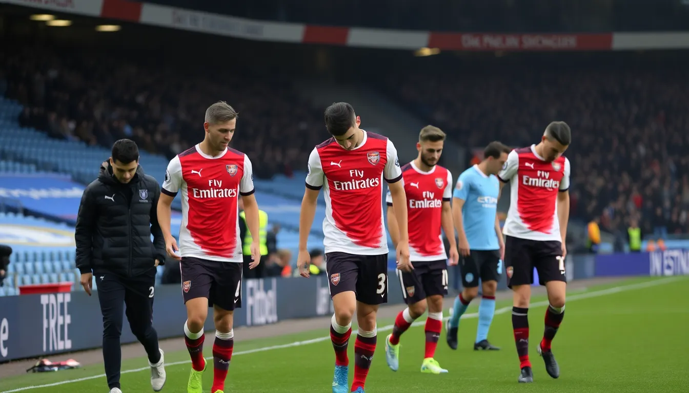 Arsenal players look dejected as they walk off the pitch after suffering a 20 defeat to Manchester City, highlighting the challenges ahead in their Premier League campaign.