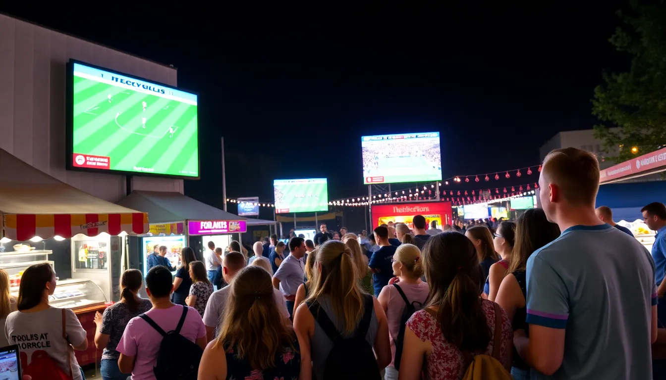 Fans gather at a local viewing party, eagerly watching multiple screens to catch the exciting matches of the 2023 FIFA Women's World Cup.