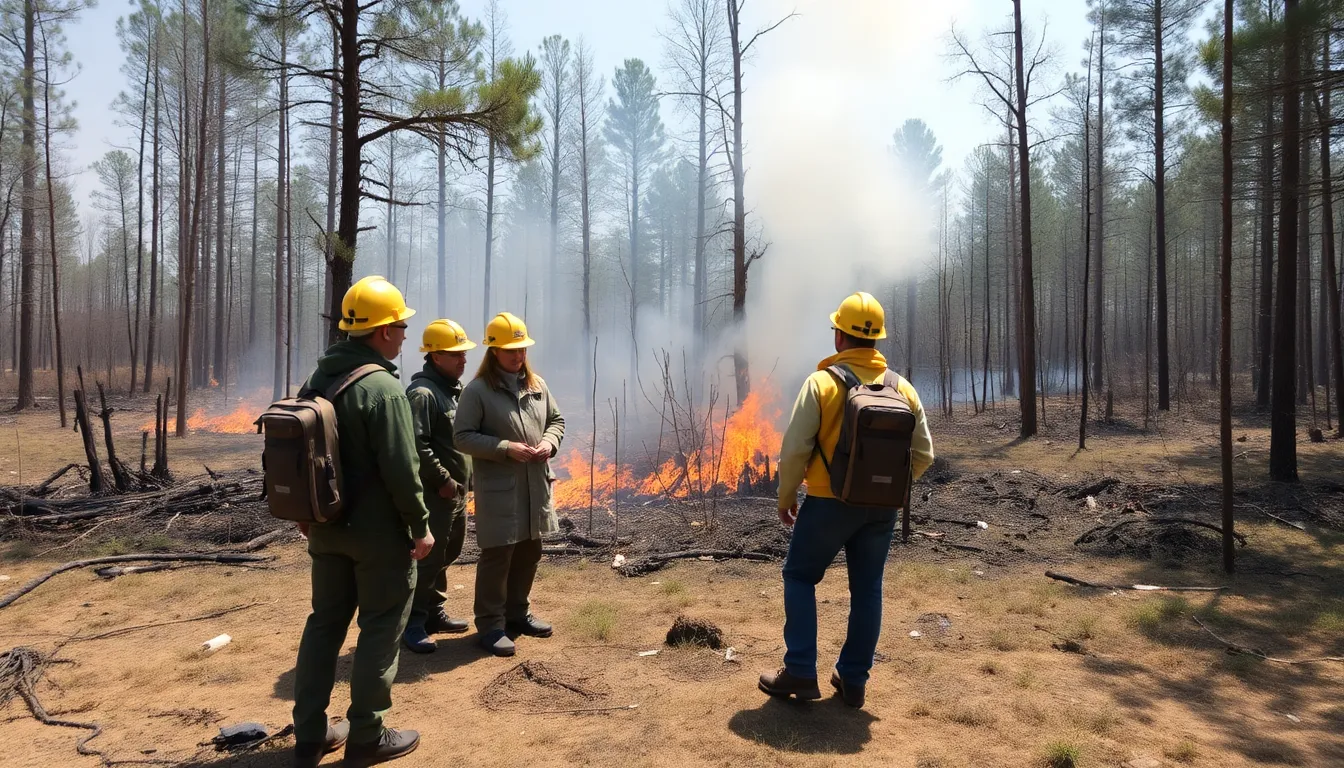 A group of researchers in protective gear examines a controlled burn site, surrounded by charred trees and smoke rising into the sky, highlighting the ongoing study of wildfire behavior.
