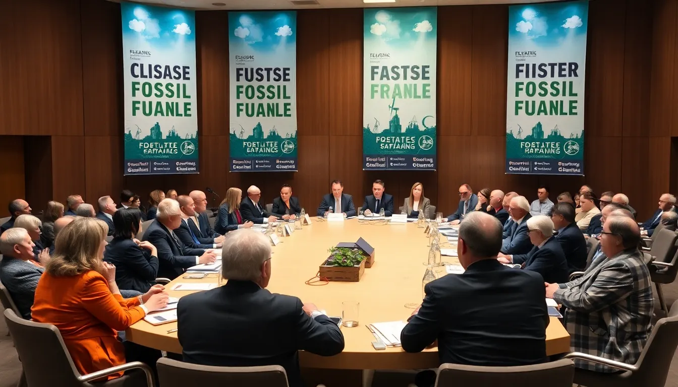 Global leaders gather in a conference hall, engaged in discussions about phasing out fossil fuels while facing a backdrop of climate change urgency and a deadlocked United Nations negotiation process.