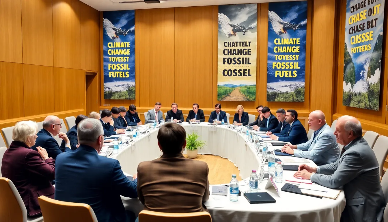 Environmental activists rally outside the venue, advocating for immediate action to phase out fossil fuels and combat climate change