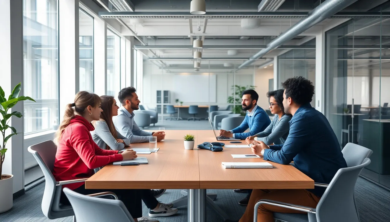 A group of employees gathers around a table in a modern office, discussing the potential benefits of a fourday work week as part of a meeting on adapting to advancements in artificial intelligence.