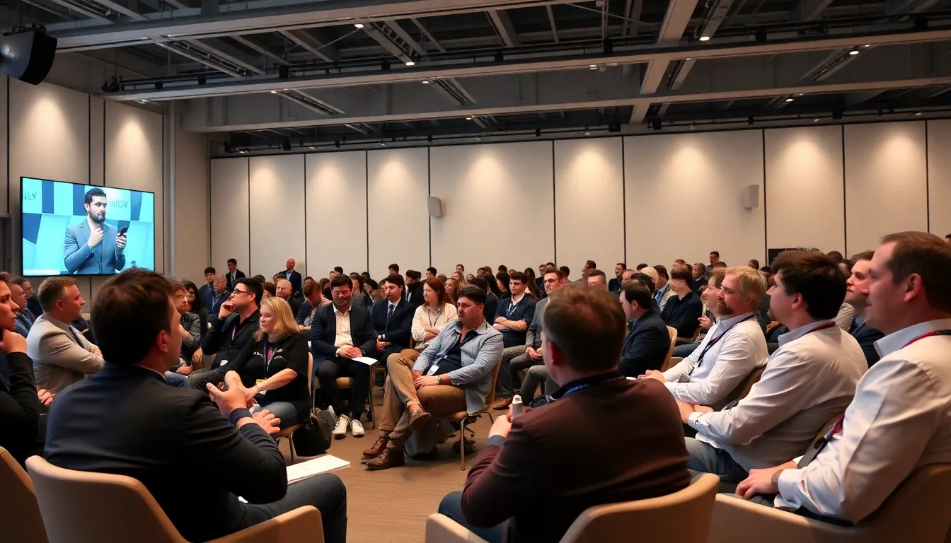 A diverse group of industry leaders and creators gather in a conference hall, engaged in discussions about the future of cinema and video games at the international summit in Paris.
