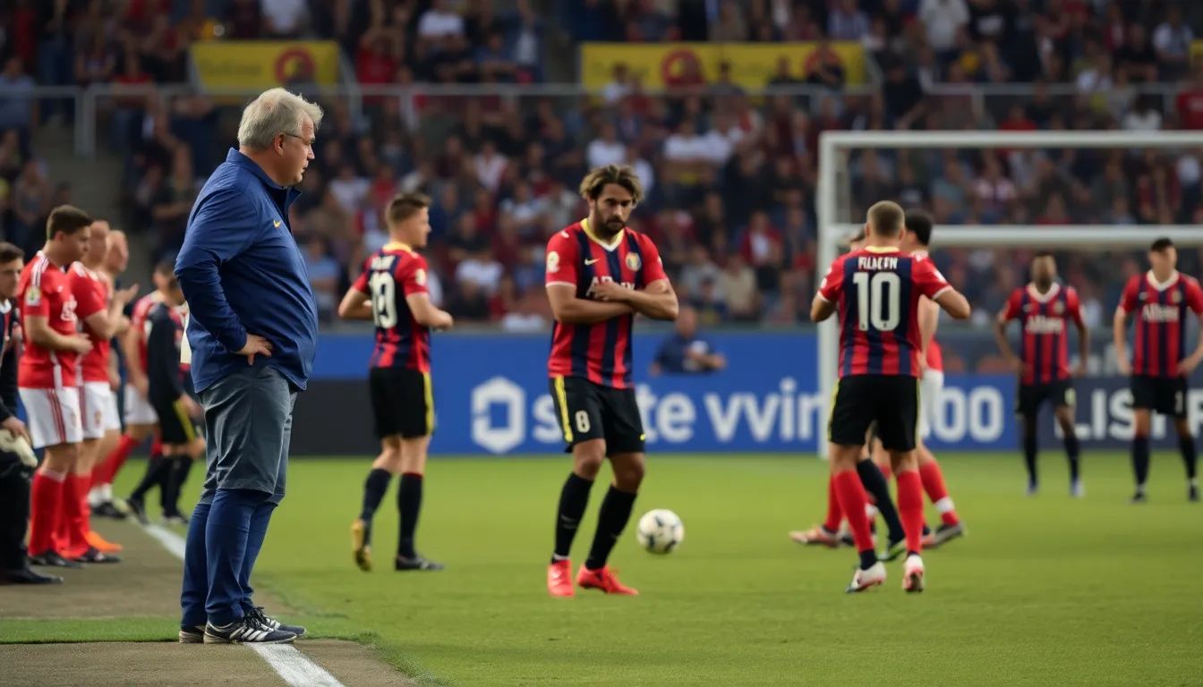 Frank stands on the sidelines with a concerned expression as players on the field display visible frustration during a tense moment in the match against Rivals FC.
