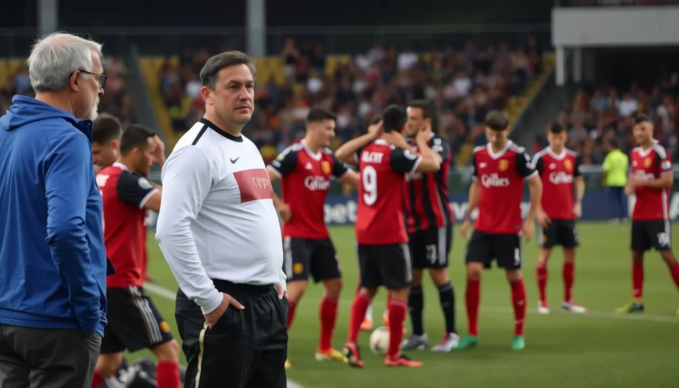 Club management deliberating over crucial decisions as they prepare for an upcoming match against City United, emphasizing the high stakes for Frank's future