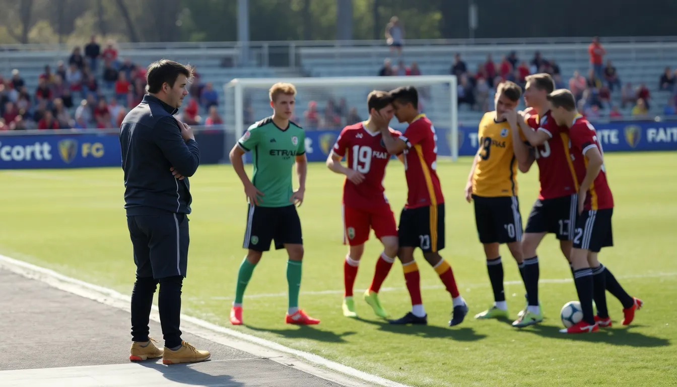 A tense moment during a team meeting, where players and coaching staff struggle to align on strategies, illustrating the rift affecting team cohesion