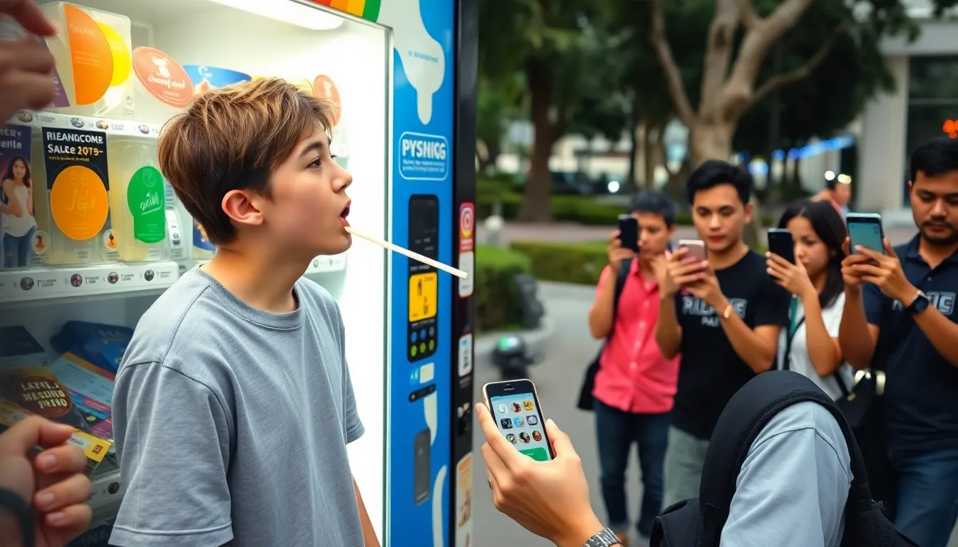 A French teenager stands beside a vending machine in Singapore, appearing to lick the straw attached to it while onlookers capture the moment on their phones.