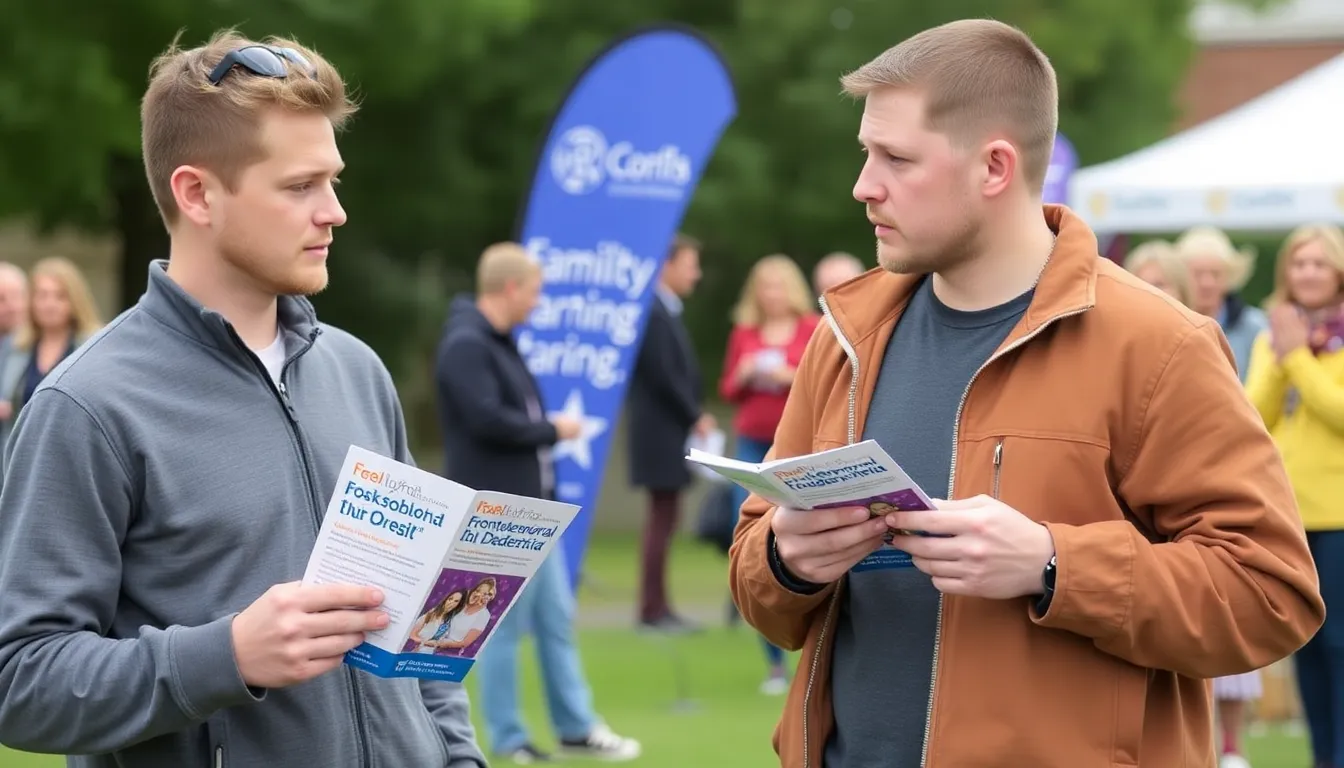 Two brothers stand together at a fundraising event, passionately discussing their campaign to raise awareness and support for families affected by frontotemporal dementia.