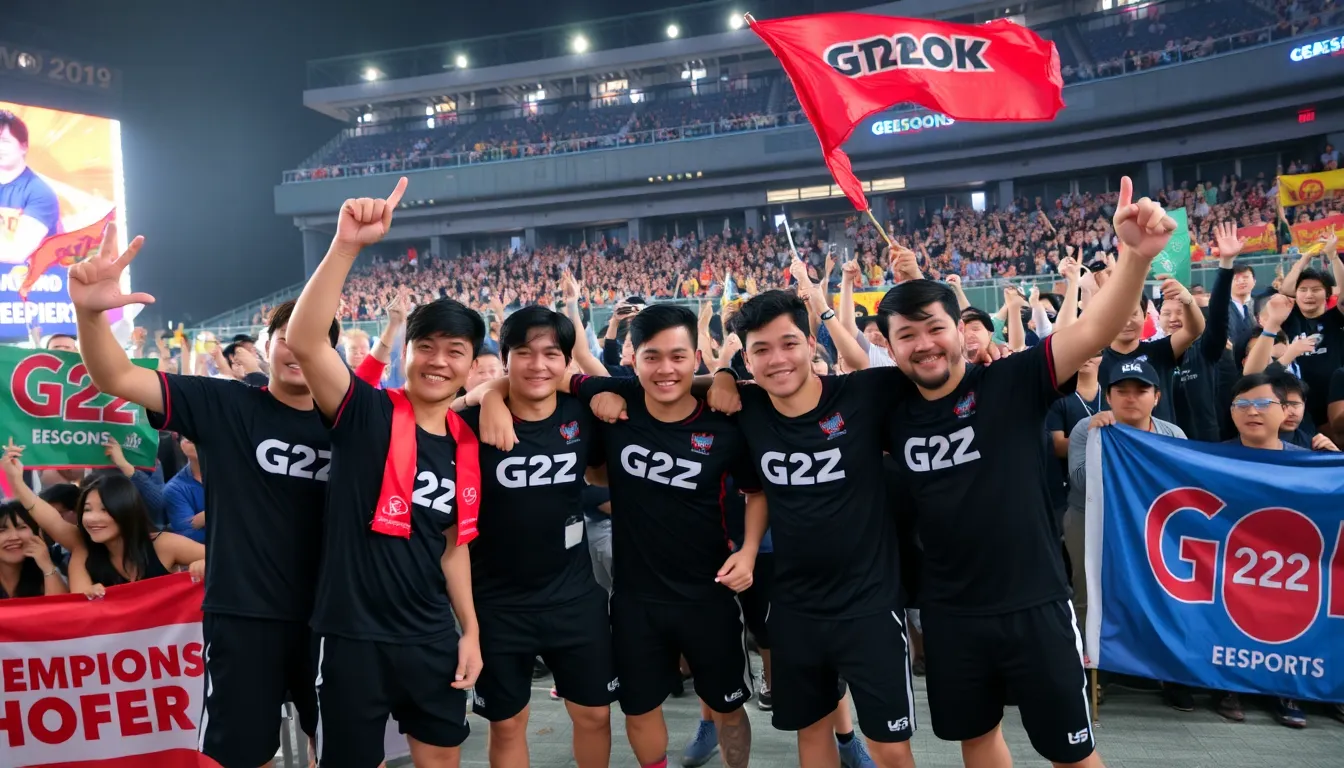 G2 Esports players celebrate their victory after securing a spot in the finals of the First Stand 2026 tournament in Seoul, surrounded by enthusiastic fans and vibrant banners.