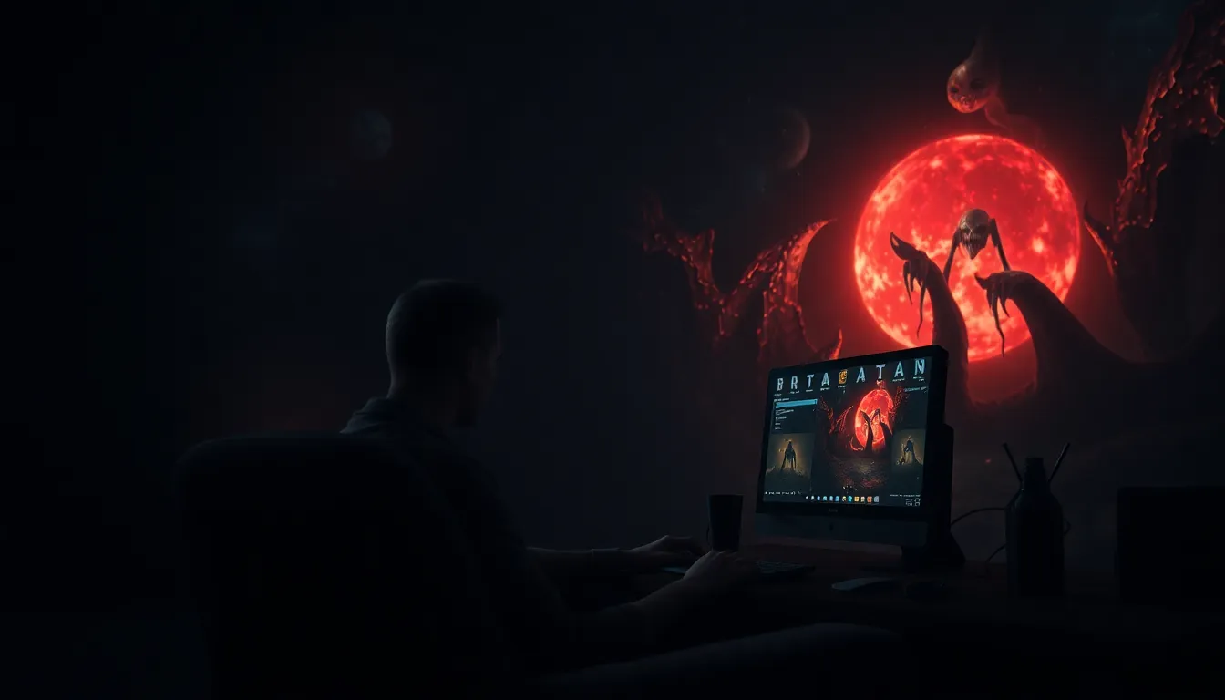 A gamer sits in a dimly lit room, intensely focused on the screen displaying a haunting cosmic landscape filled with eerie creatures and unsettling imagery.