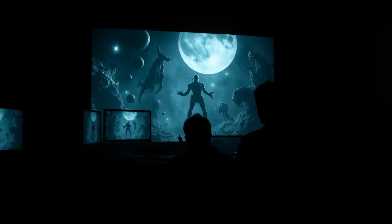 An eerie scene from a horrorthemed game, where shadows and darkness amplify the feeling of solitude and existential dread