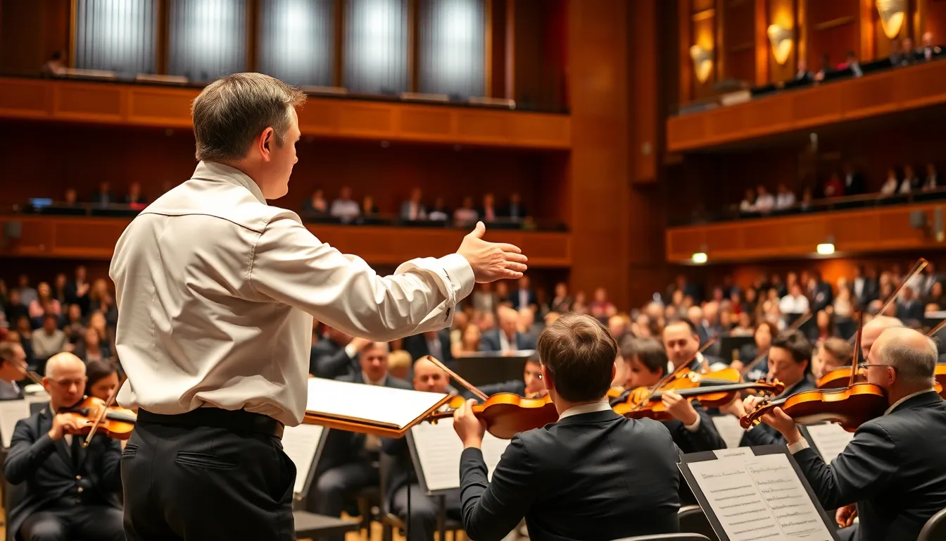 A conductor leads a symphony orchestra in a performance of Geirr Tveitt's compositions, with musicians passionately engaged and a backdrop of a vibrant concert hall filled with an attentive audience.