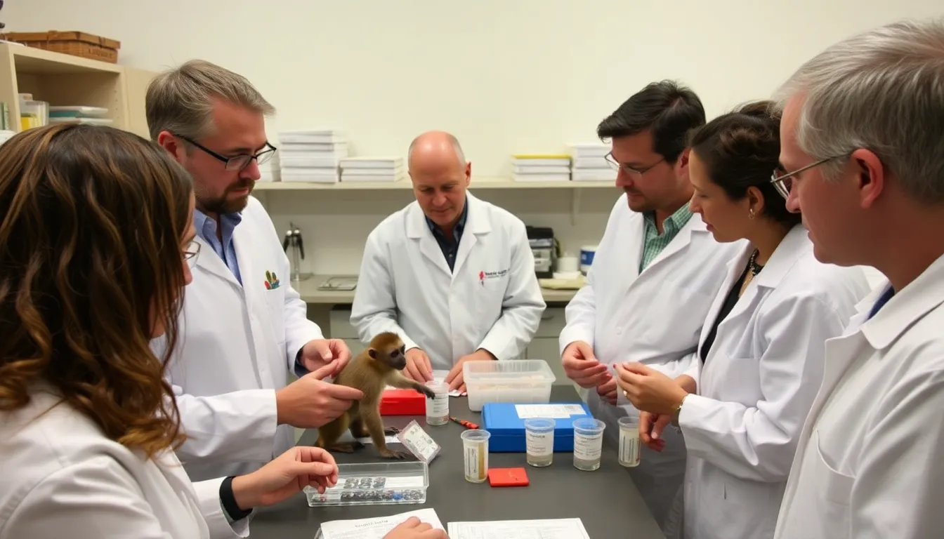 A group of scientists collaborates in a laboratory, analyzing genetic samples from rare monkeys to support conservation efforts.