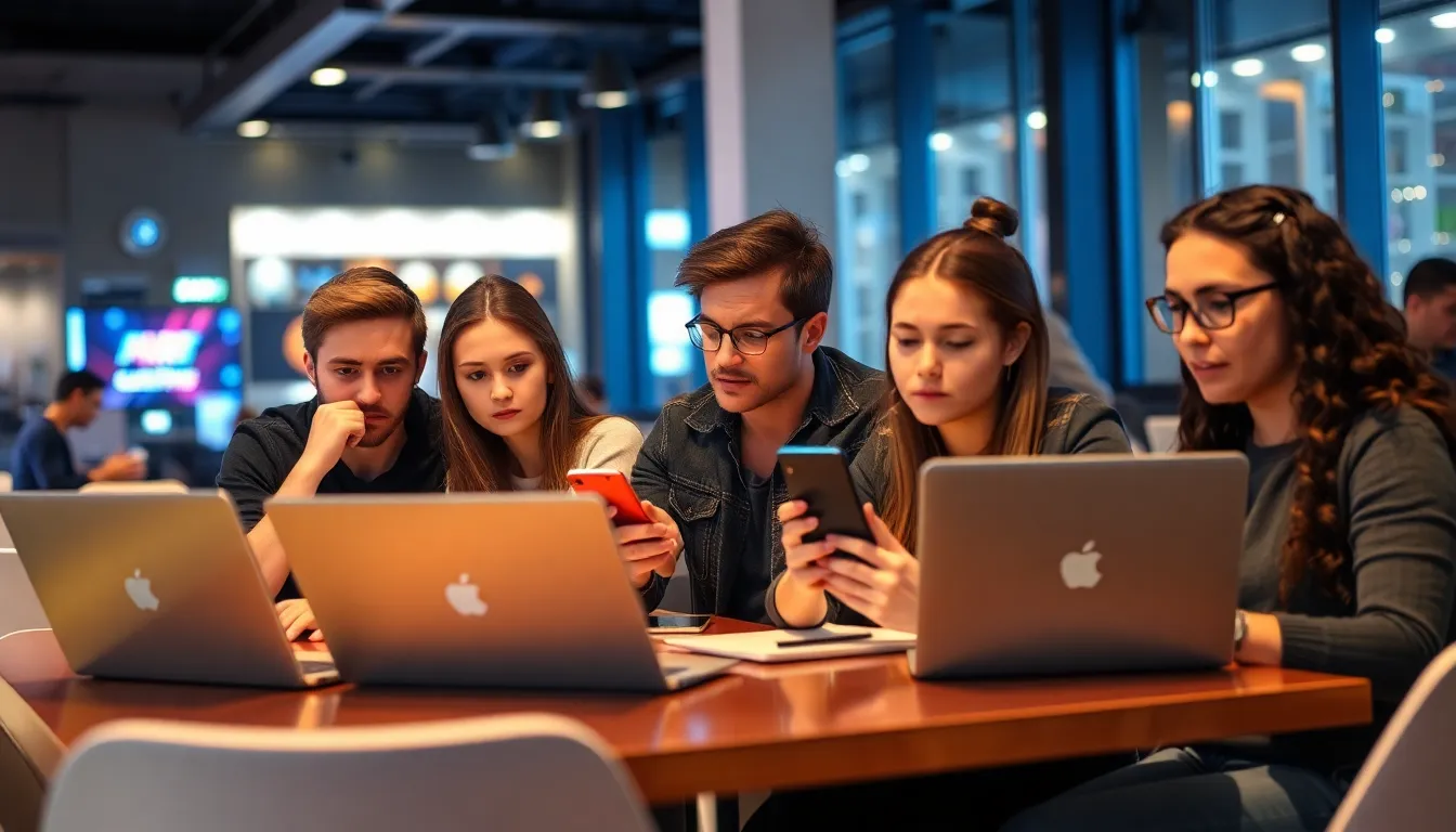 A group of young adults sits in a modern café, each focused on their laptops and smartphones, illustrating the integration of AI technology into their daily lives while displaying expressions of concern and contemplation.