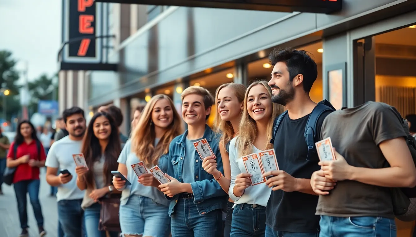 A diverse group of young adults eagerly lines up outside a movie theater, chatting excitedly and holding tickets for the latest blockbuster release.