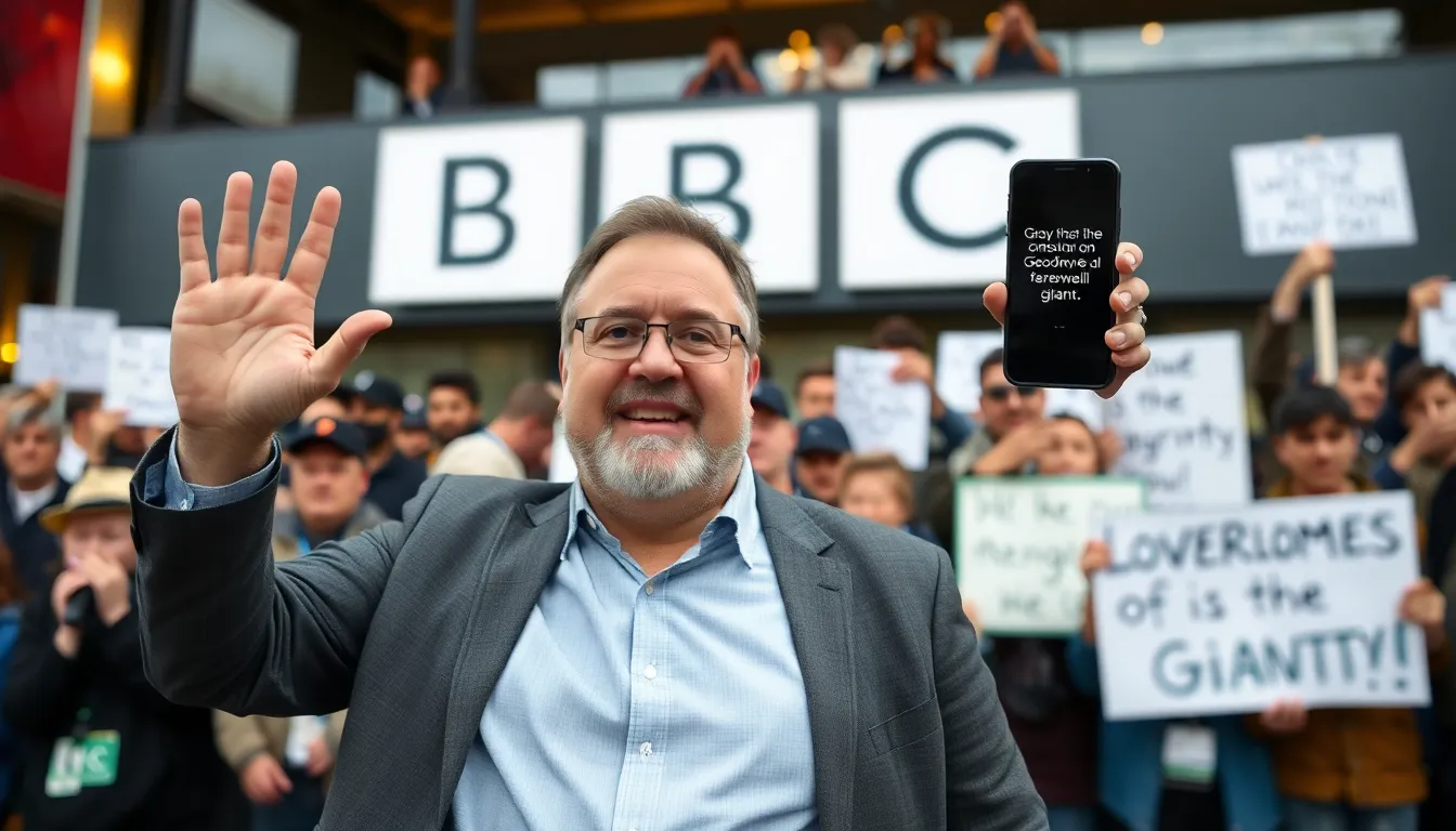Giant waves goodbye to fans during a heartfelt farewell announcement on social media, expressing gratitude for his time on the BBC show Gladiators.