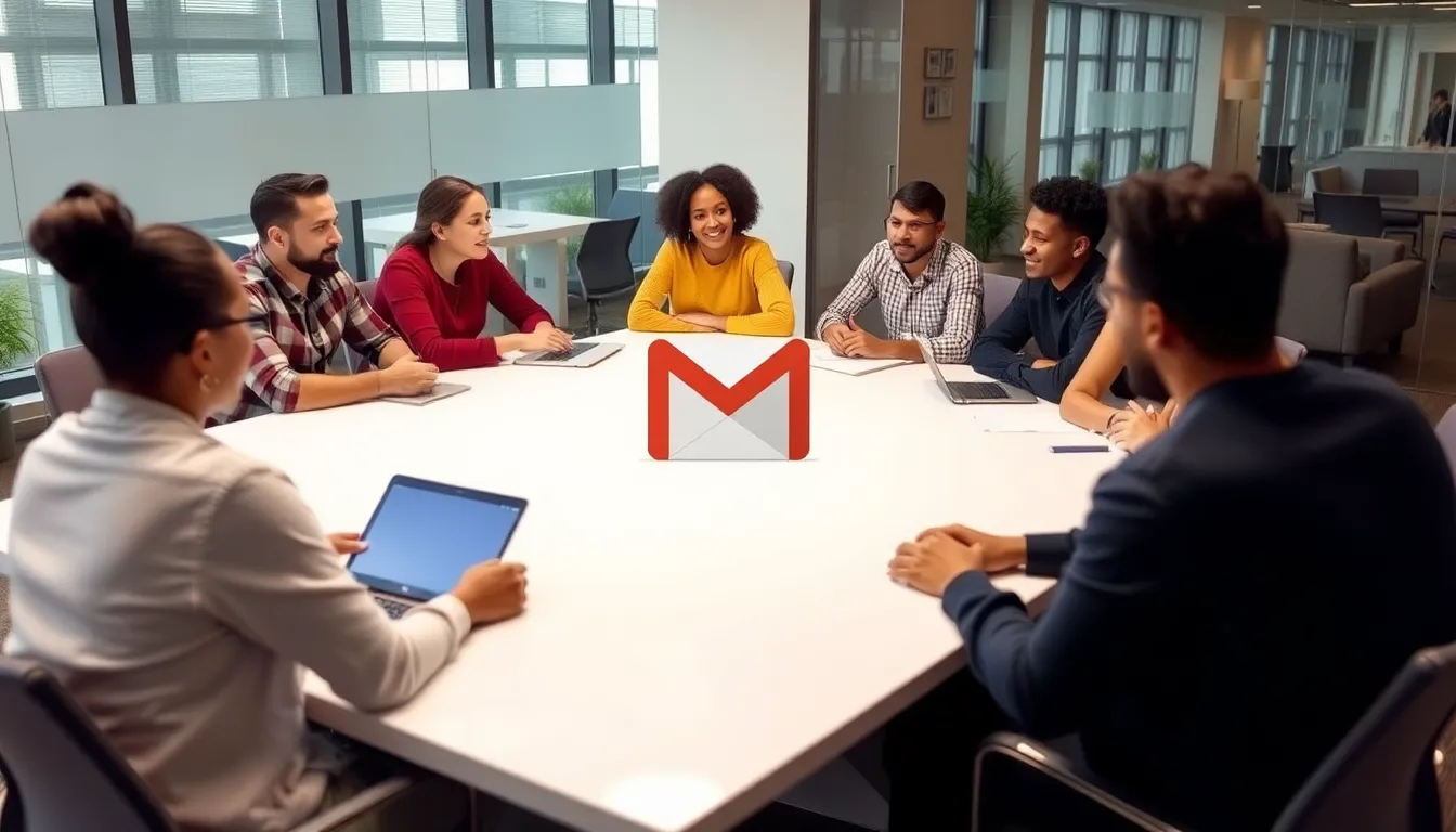 A group of diverse individuals sits at a table, engaged in a discussion about the recent update allowing Gmail users to change their usernames.