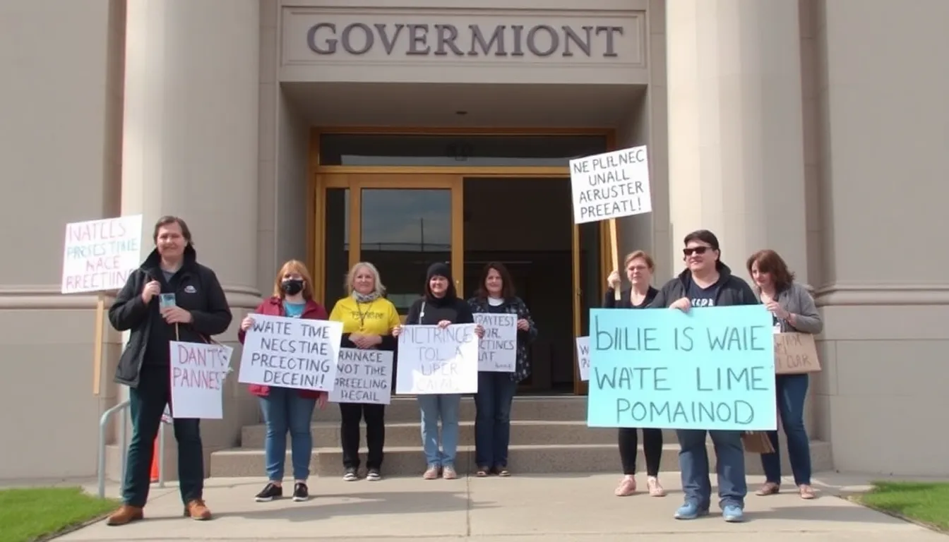 Protesters gather outside a government building holding signs opposing the decision to waive animal protections for oil drilling expansion.