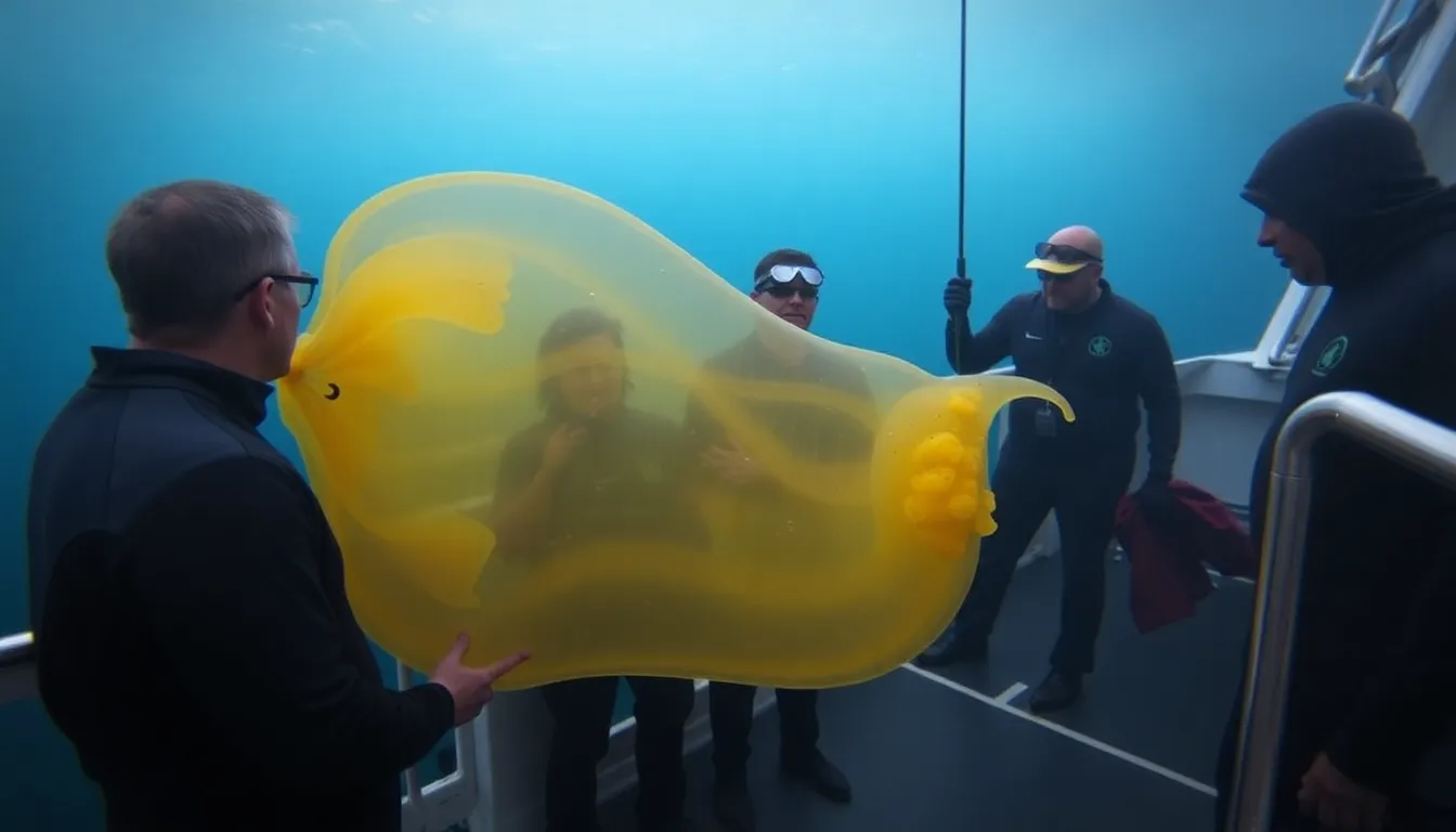 Marine researchers examine the Golden Blob, a large gelatinous entity identified as a siphonophore, during a deepsea exploration off the coast of California.
