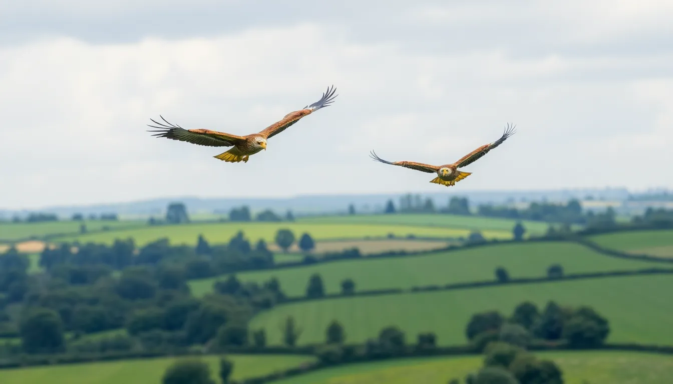 A pair of Golden eagles soar gracefully above a lush green landscape in England, symbolizing the successful conservation efforts supported by the government.