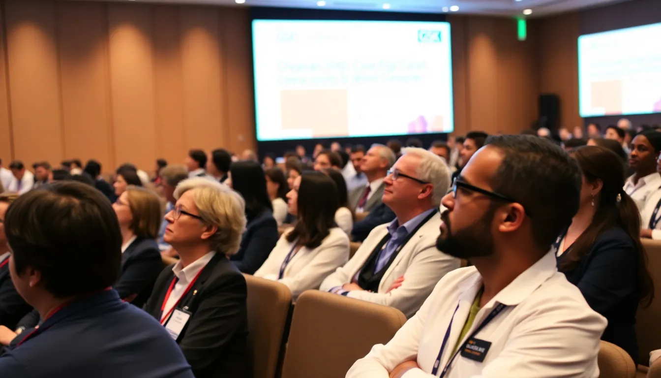 A diverse group of medical professionals and researchers attentively listens to a presentation about GSK's promising early trial results for a new cancer drug targeting ovarian and womb cancers during an investor conference.