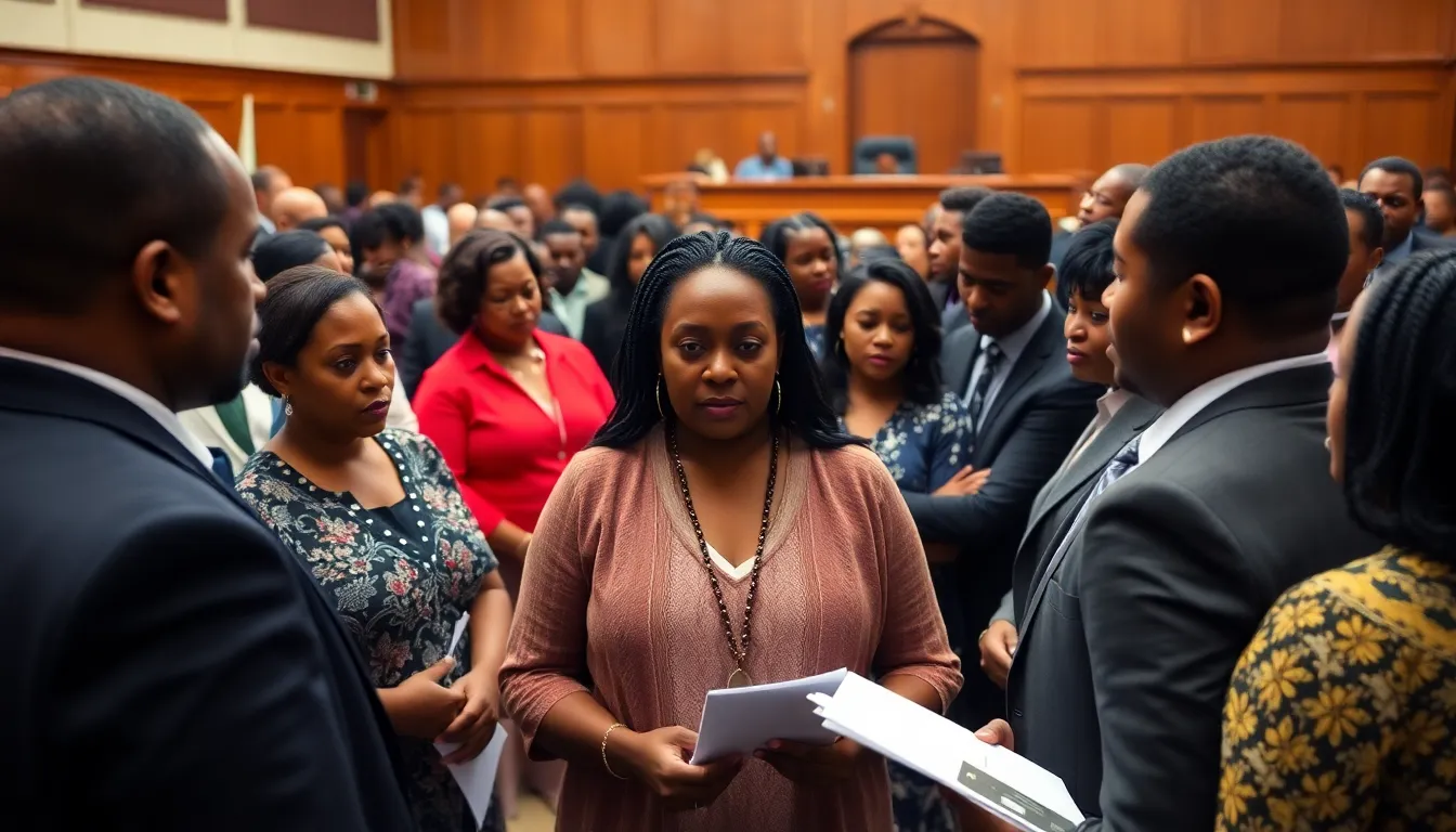 A scene from the documentary portrays the complexities of the Haitian judicial system, reflecting the struggles of individuals caught between religious beliefs and formal legal frameworks