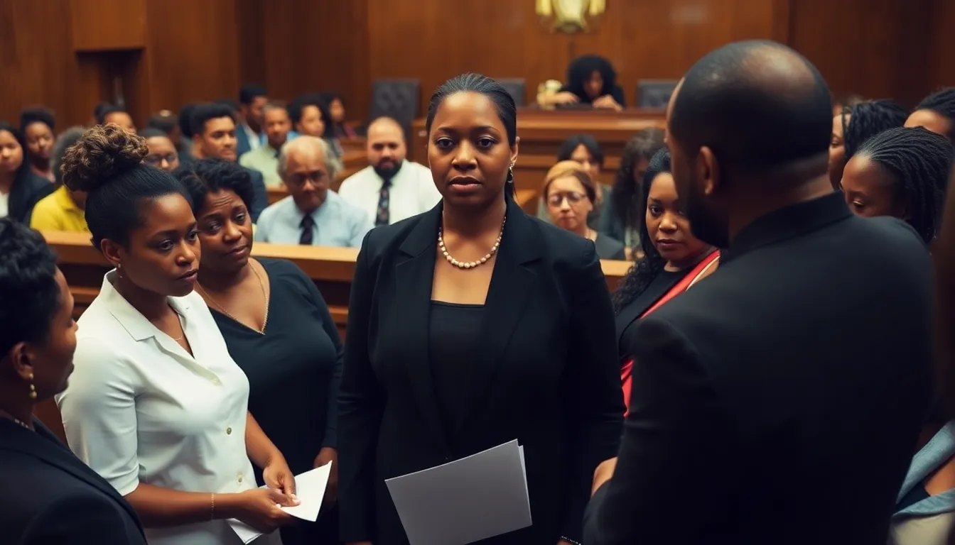 A Haitian woman stands in a crowded courtroom, surrounded by community members who are engaged in a discussion about her trial based on biblical principles rather than secular law.