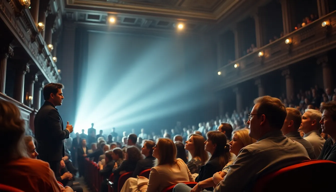 A captivated audience watches intently as the lead actor delivers a powerful monologue during a performance of Harry Clark Goes to Rome in a London theater.