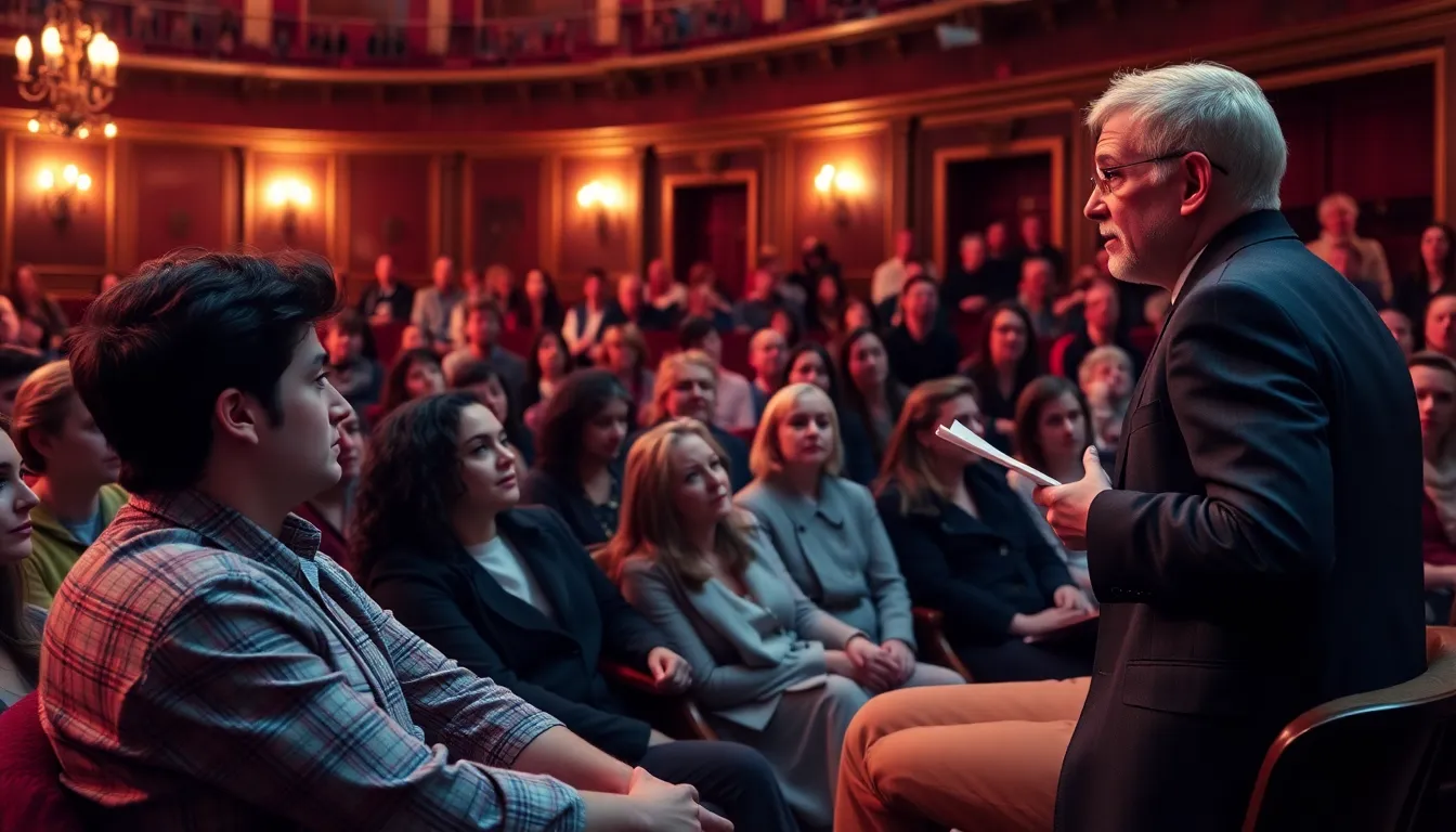Audience members are visibly moved, some shedding tears as they connect deeply with the narrative's emotional themes