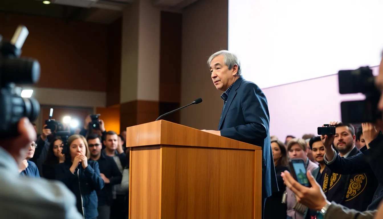 Haruki Murakami speaks at a press conference, announcing his upcoming novel featuring a female lead, with a backdrop of eager reporters and flashing cameras.