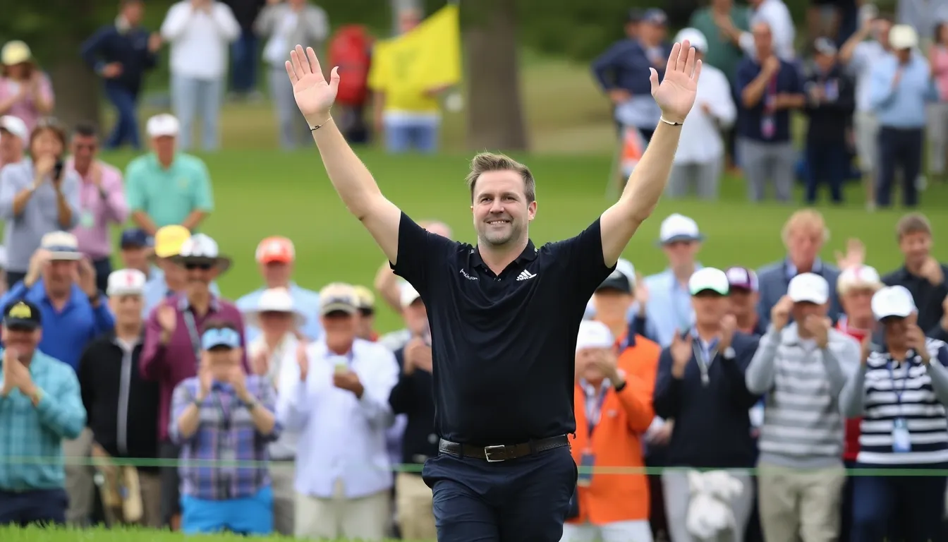 Tyrrell Hatton celebrates after sinking a birdie putt on the 16th hole, surrounded by enthusiastic fans at the tournament venue.