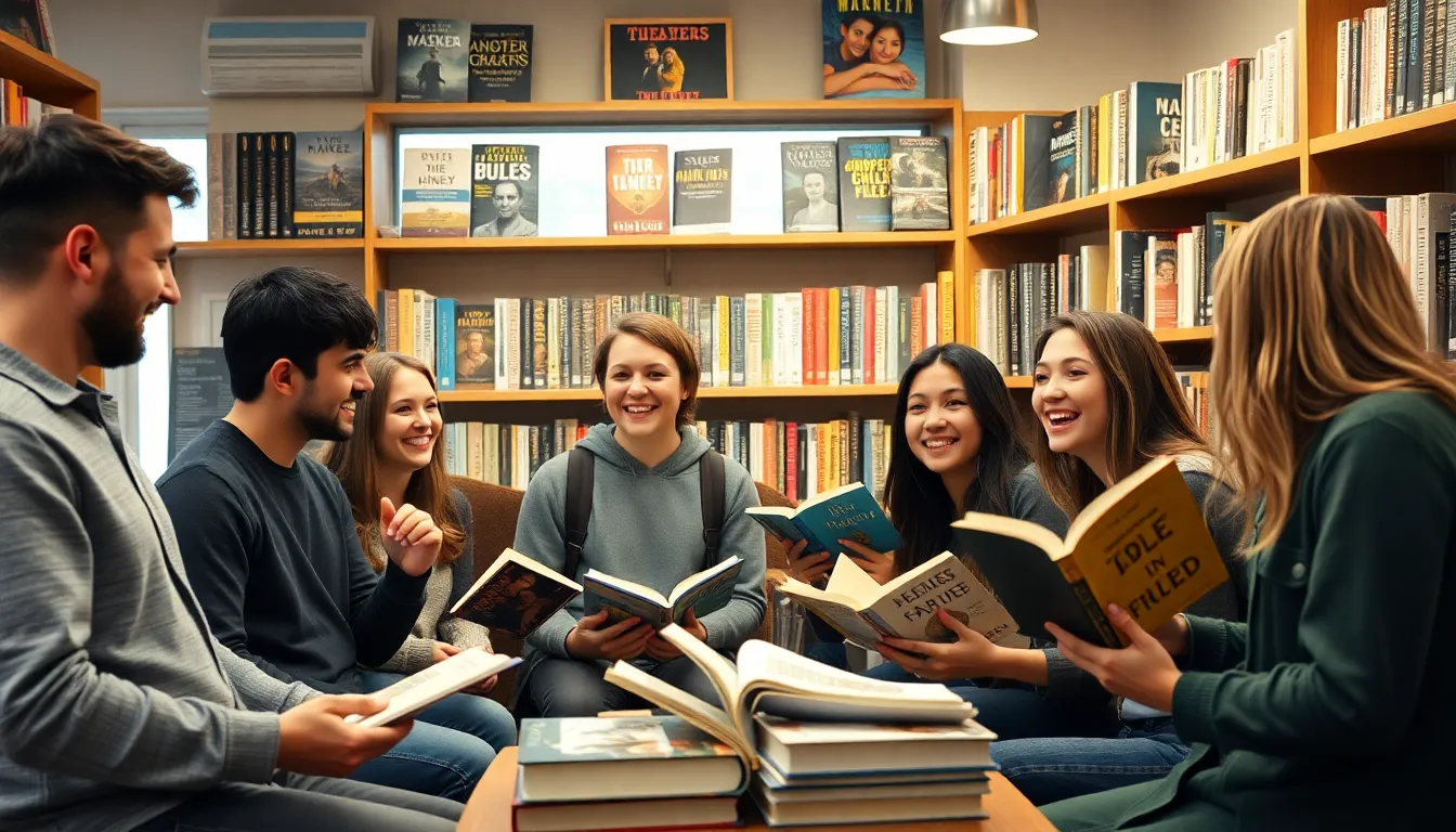 A group of enthusiastic young adults gathers in a cozy bookstore, eagerly discussing their favorite books while surrounded by shelves filled with bestsellers and literary classics.