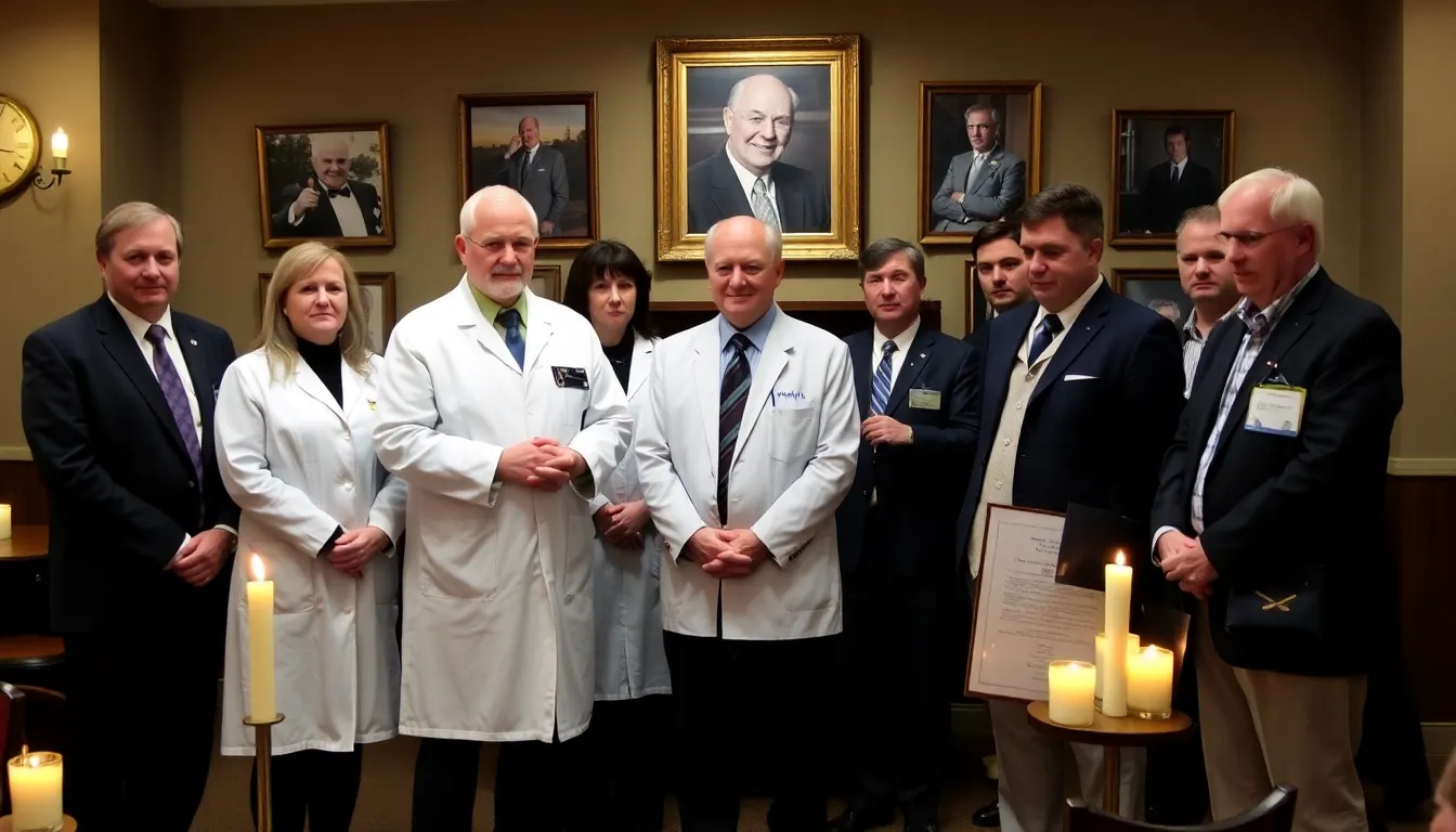 A memorial gathering honoring Henry C. Lee, where colleagues and students share stories of his influence and dedication to forensic science