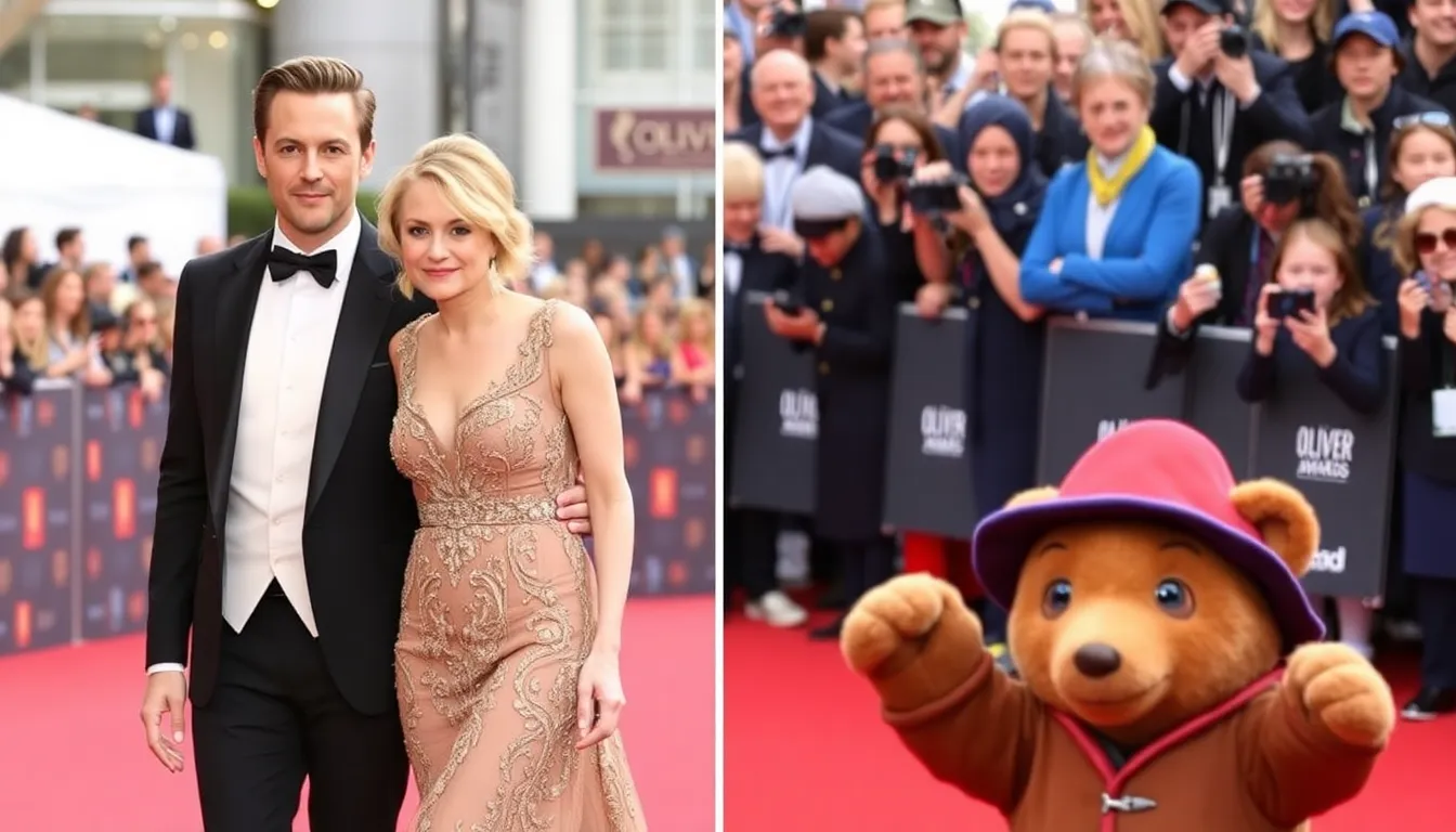 Tom Hiddleston and Cate Blanchett walk the red carpet at the Olivier Awards, showcasing elegant attire while Paddington the bear interacts with fans in the background.