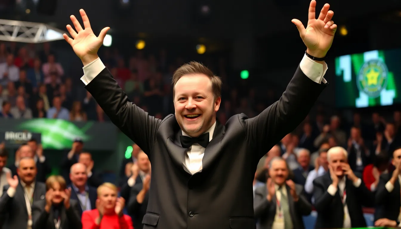John Higgins celebrates his stunning comeback victory over Ronnie O'Sullivan at the Crucible Theatre, surrounded by cheering fans and a tense atmosphere.