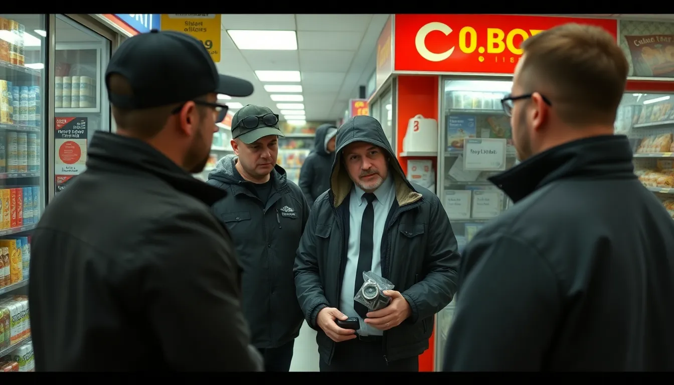 A group of undercover investigators records a minimart employee discussing the sale of illegal drugs in a bustling High Street setting.