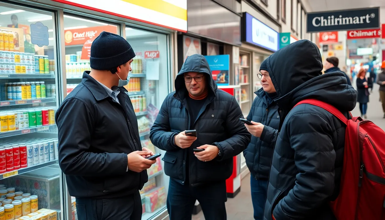 A group of young individuals gathered outside a minimart, highlighting the accessibility of illicit substances to younger populations in urban areas
