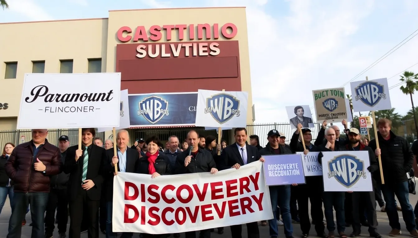 A group of actors and filmmakers gathers outside a studio, holding signs and banners to protest against the proposed merger between Paramount and Warner Bros. Discovery.