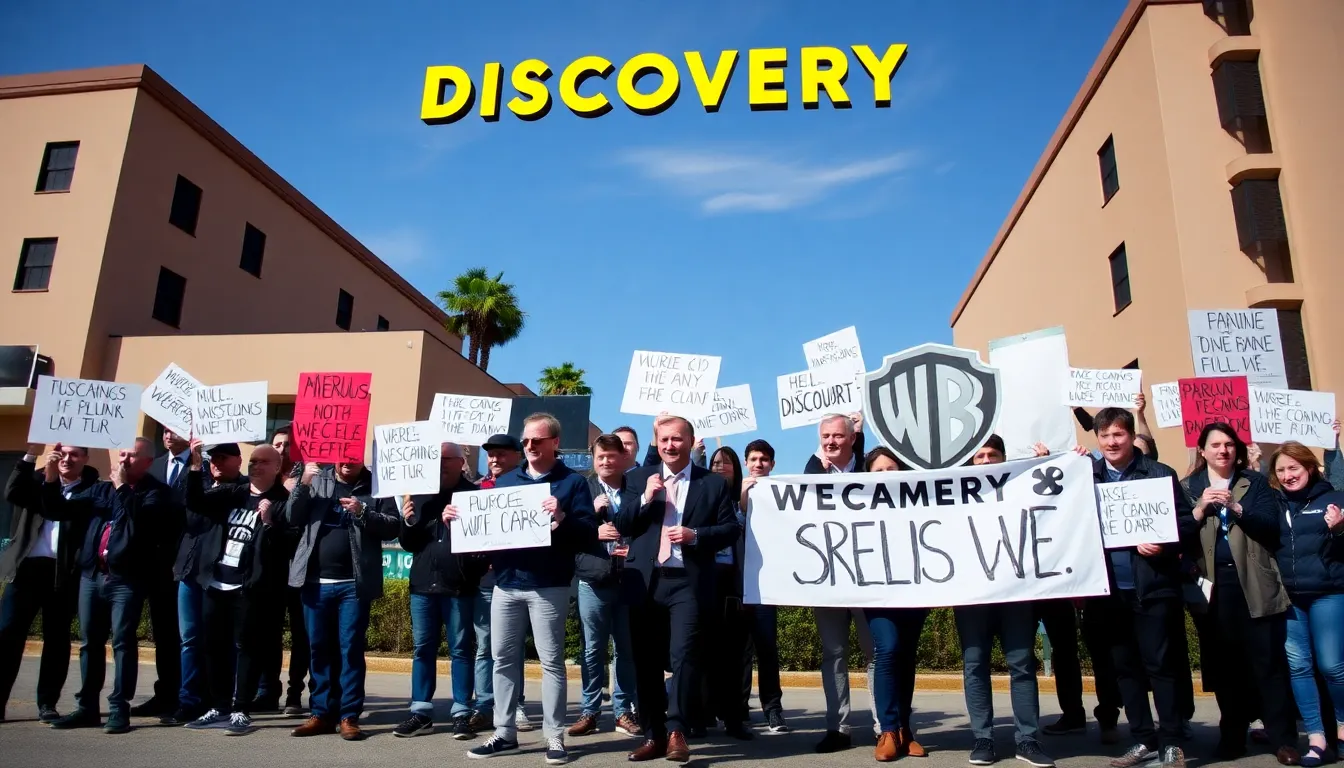 A bustling film set where diverse creators collaborate, representing the creative autonomy that industry professionals fear could be threatened by corporate consolidation