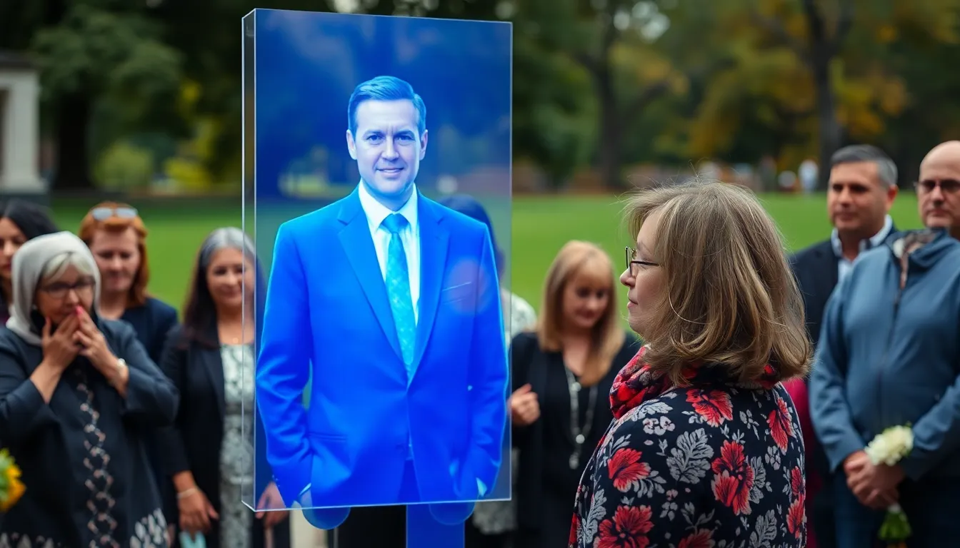 Attendees at a memorial service engage thoughtfully with a holographic projection, illustrating the evolving nature of grief and the impact of modern technology on traditional mourning practices