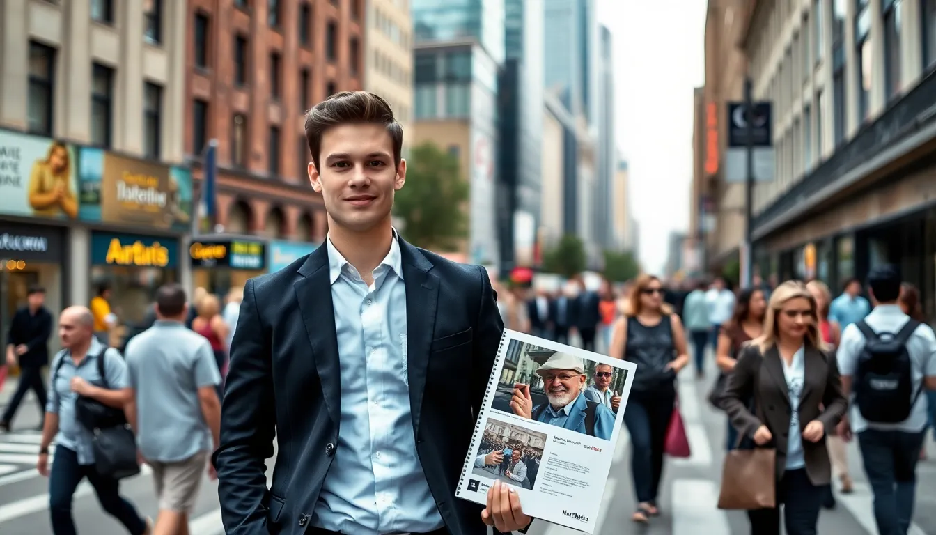 A young man stands confidently in a bustling city street, holding a portfolio of his advertising work while wearing a suit, symbolizing his journey from homelessness to professional success.