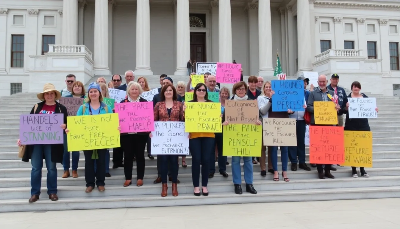 A group of environmental advocates gathers outside the U.S. Capitol, holding signs expressing their disappointment over the cancellation of the House vote on endangered species protections.