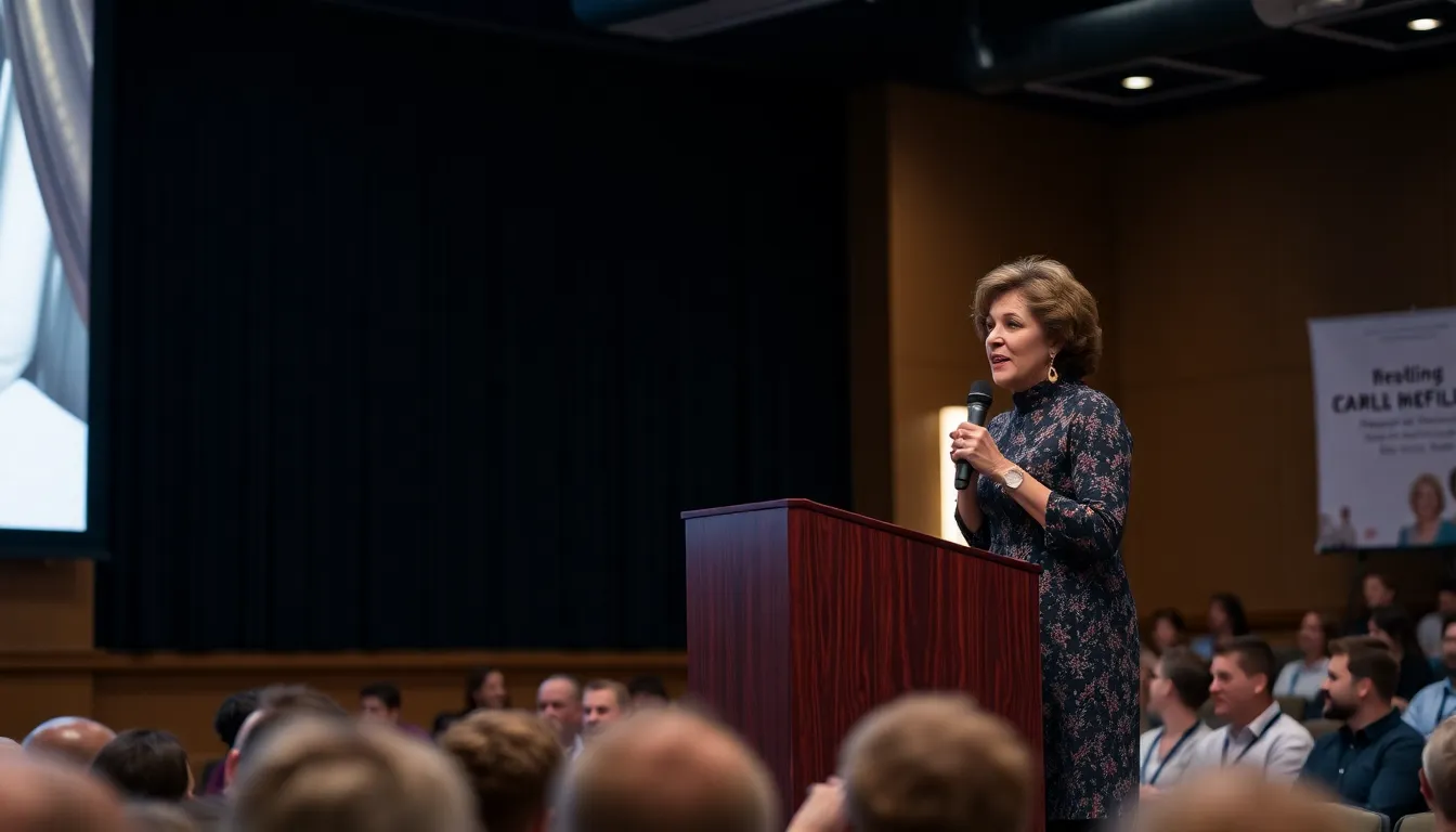 Freida McFadden speaks at a literary event, sharing insights about her writing journey and the recent revelation of her true identity as the author of the bestselling thriller "The Housemaid."