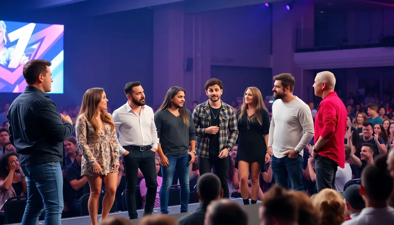 A group of reality TV stars gathers on stage at a live event, engaging with an enthusiastic audience while discussing their experiences in the industry.