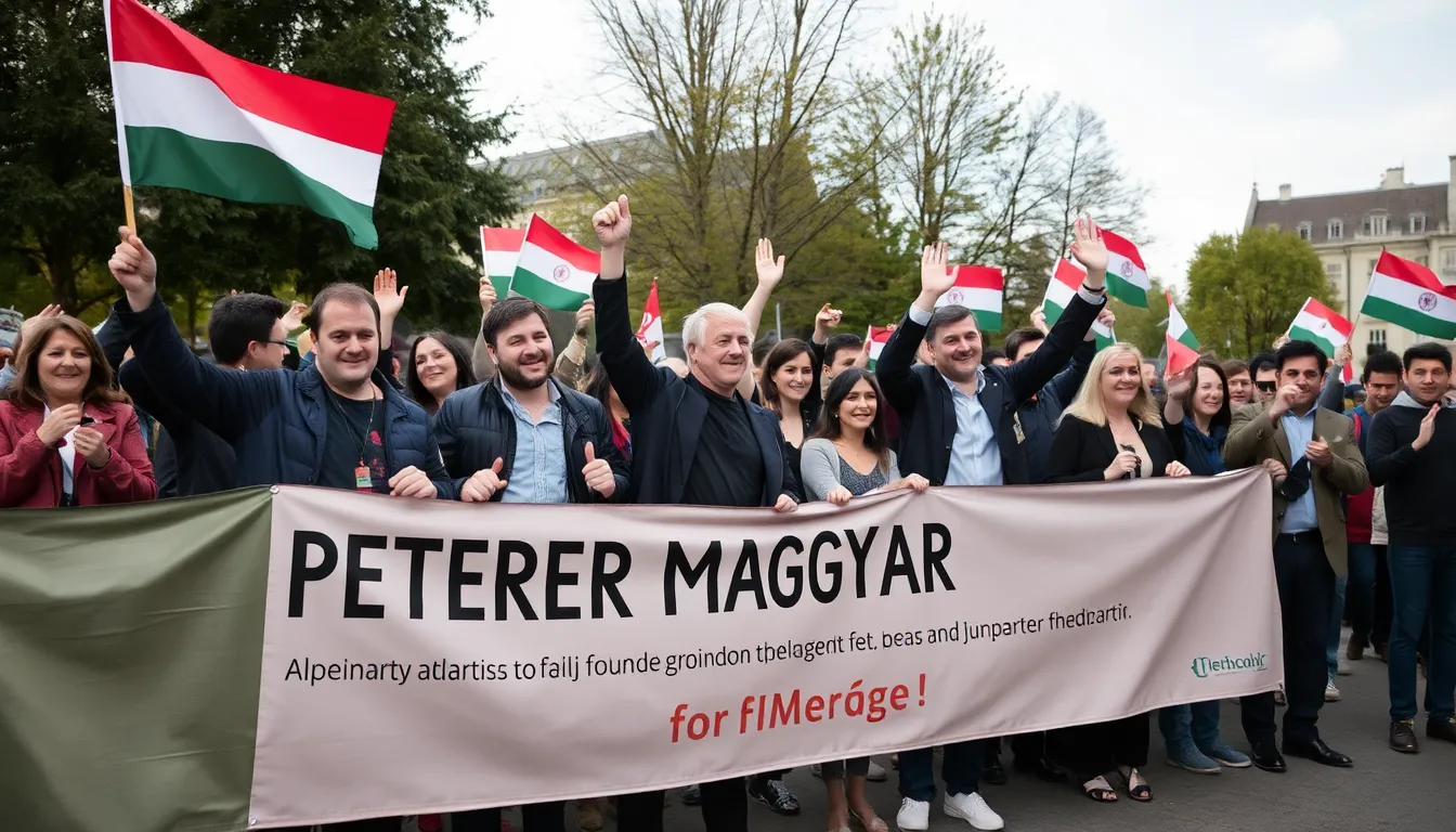 Filmmakers and artists gather in celebration, holding banners and cheering in support of Péter Magyar's election victory, which symbolizes a hopeful shift for creativity and artistic freedom in Hungary.