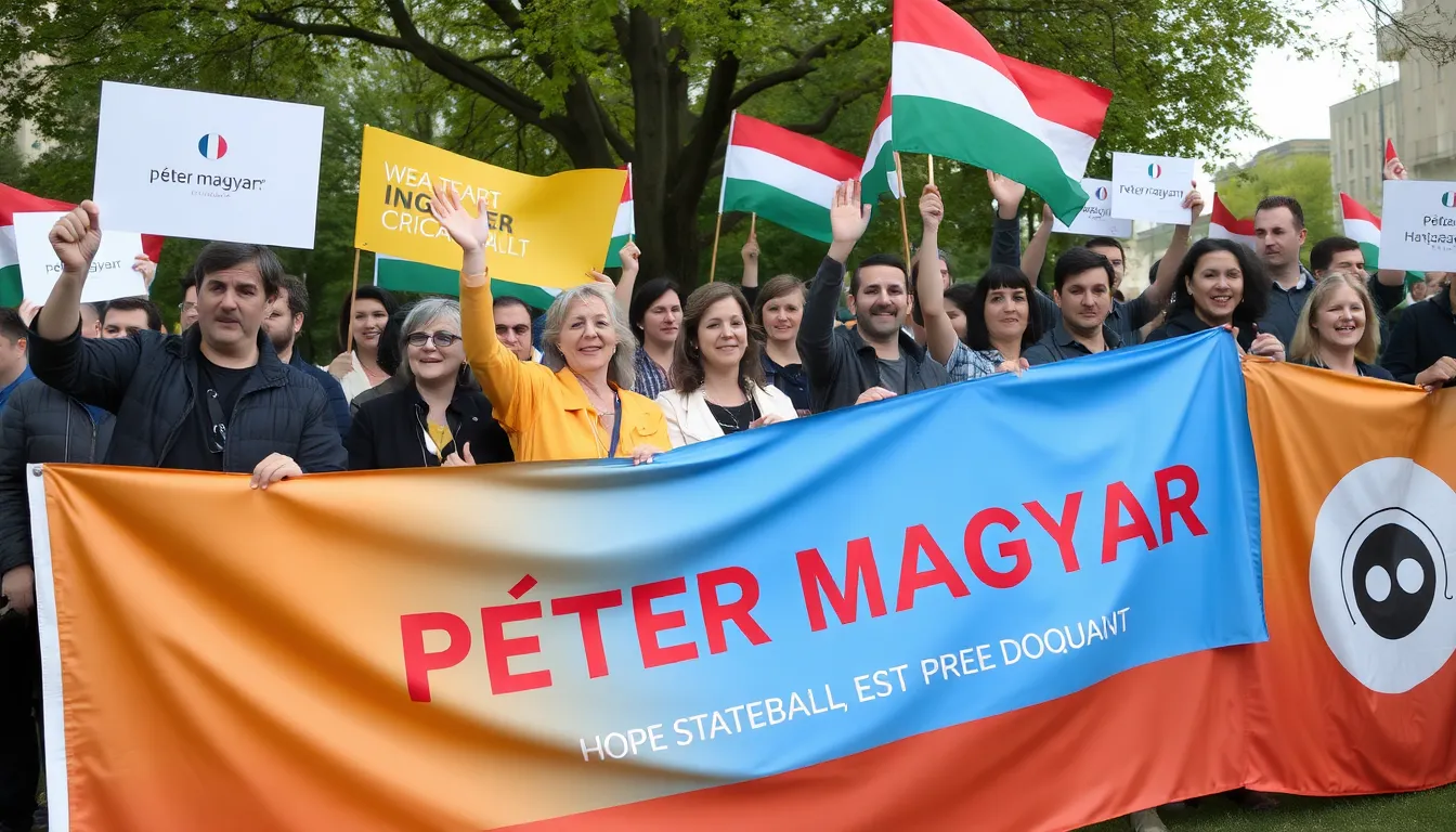 Enthusiastic supporters of Péter Magyar wave banners, symbolizing their commitment to change and renewed cultural policies in filmmaking