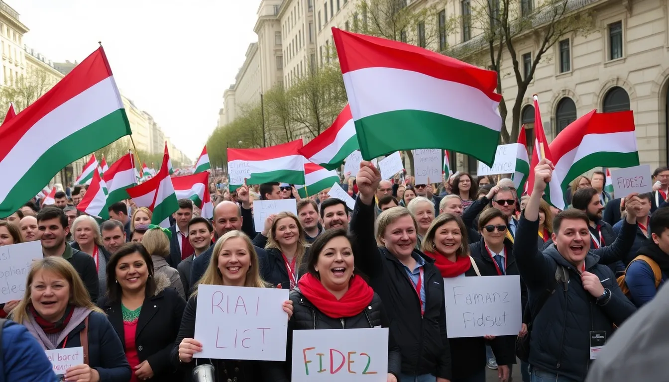 A vibrant rally organized by the opposition coalition, showcasing unity among diverse political parties in response to the electoral defeat of Fidesz